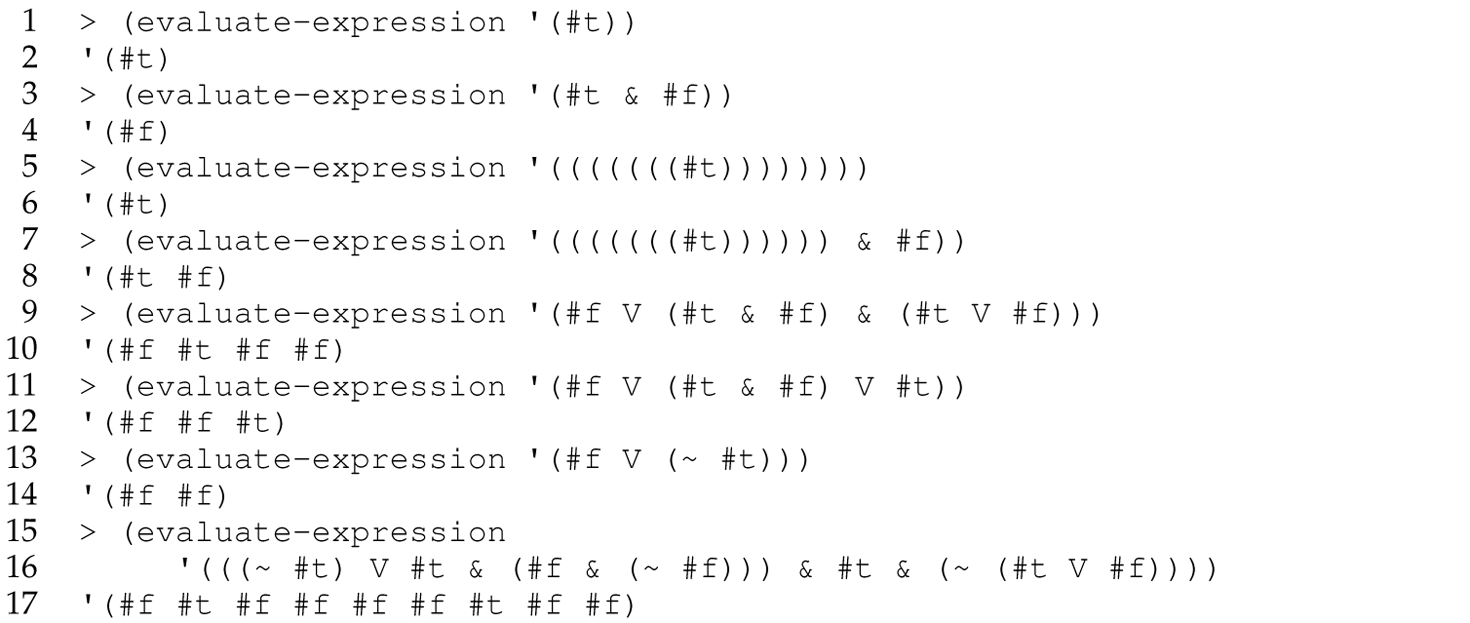 A set of 17 code lines in Scheme with the evaluate dash expression function.