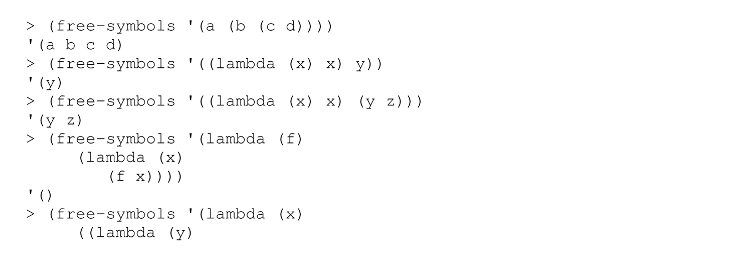 A set of 12 code lines with the function free dash  symbols in Scheme.