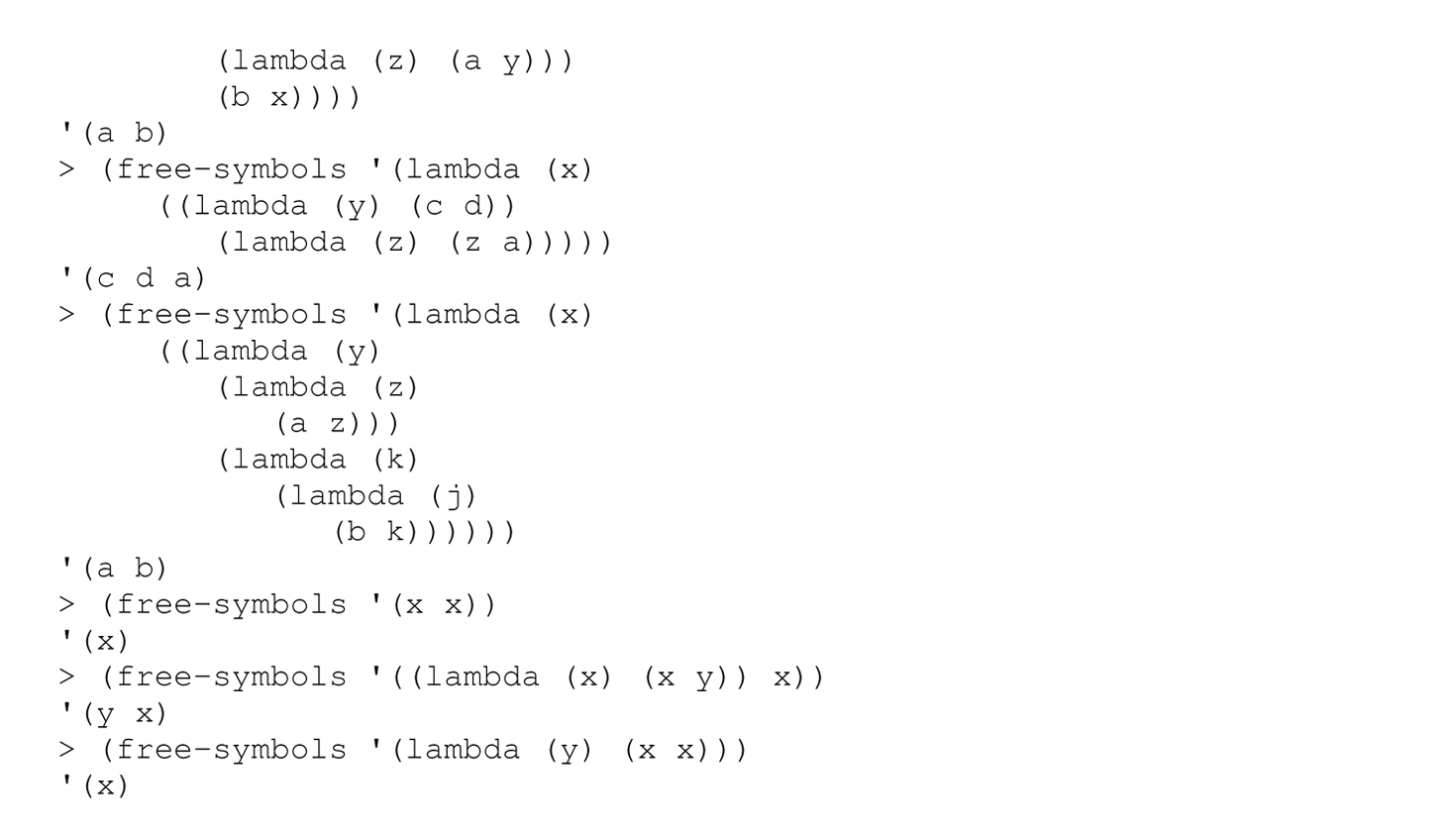 Continuation of the code with the function free dash symbols in Scheme, consisting of 21 lines.