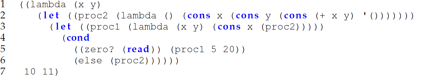 A set of seven code lines in a Scheme expression for demonstrating dynamic scoping.