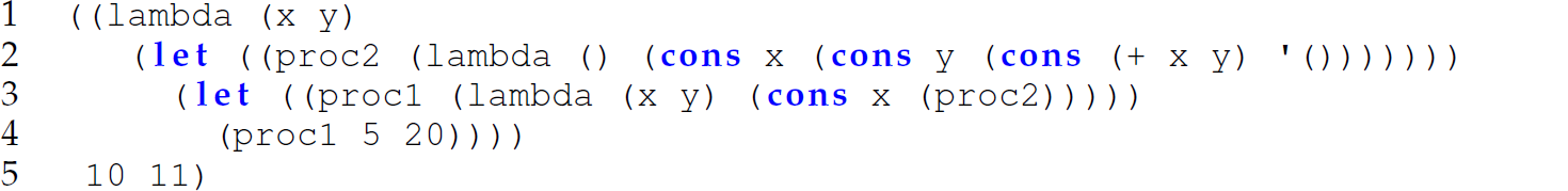 A set of five code lines in a Scheme expression.