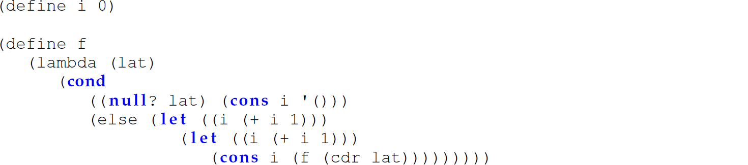 A set of eight code lines in a Scheme code.