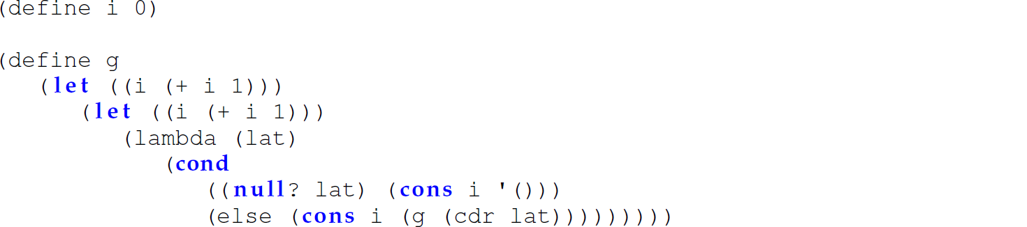 A set of eight code lines in a Scheme code.