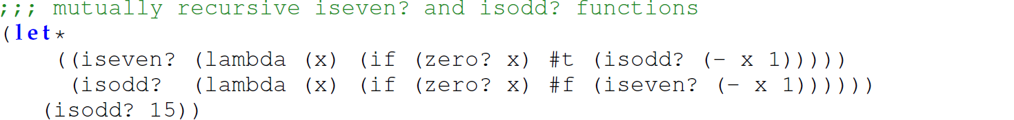 A set of five code lines in a Scheme expression.