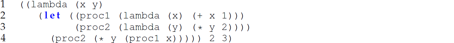 A set of four code lines in Scheme, C, and Perl program.