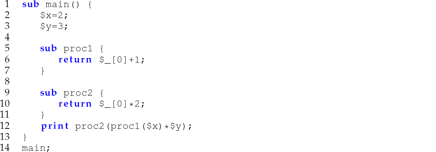 A set of 14 code lines in Scheme, C, and Perl program.