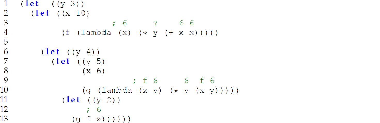 A set of 13 code lines in a Scheme expression with binding.