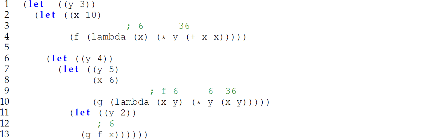 A set of 13 code lines in a Scheme expression with binding.