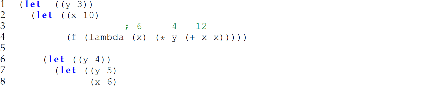 A set of eight code lines in a Scheme expression with shallow binding.