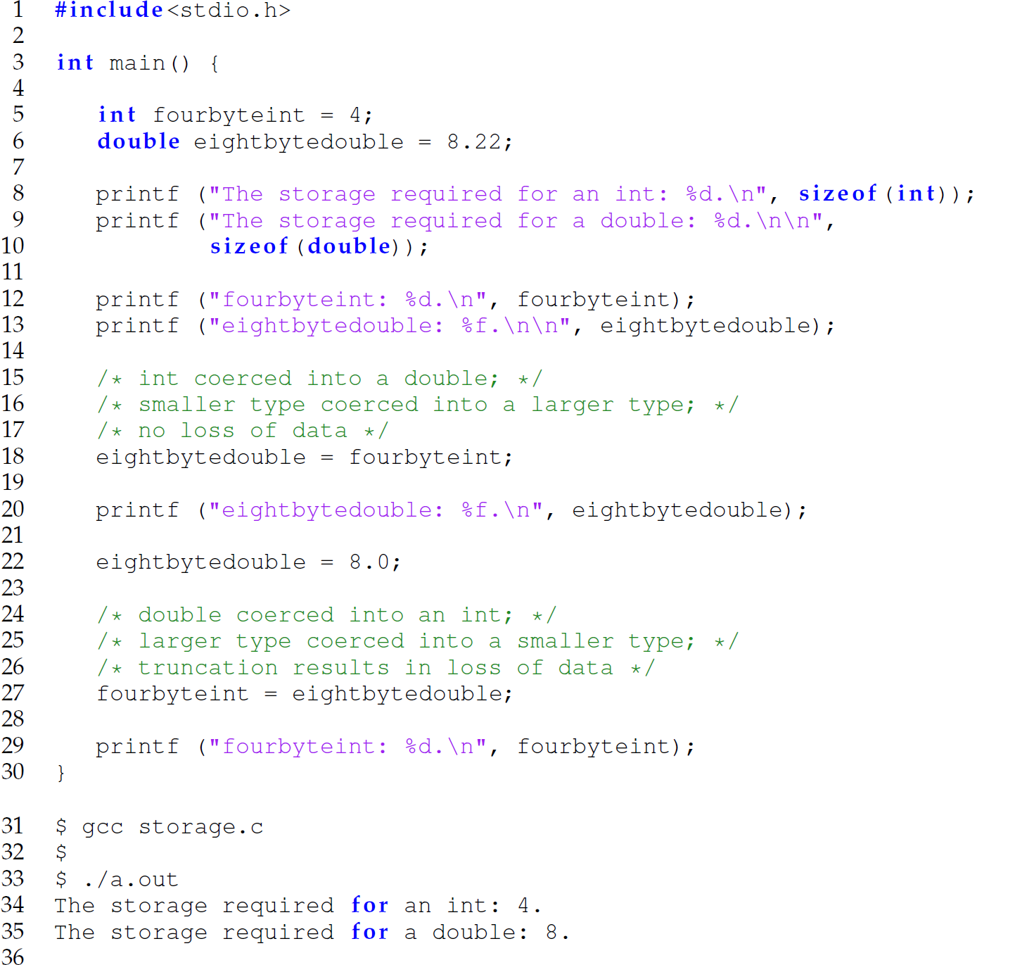 A set of 36 code lines in a C program for demonstrating coercion.