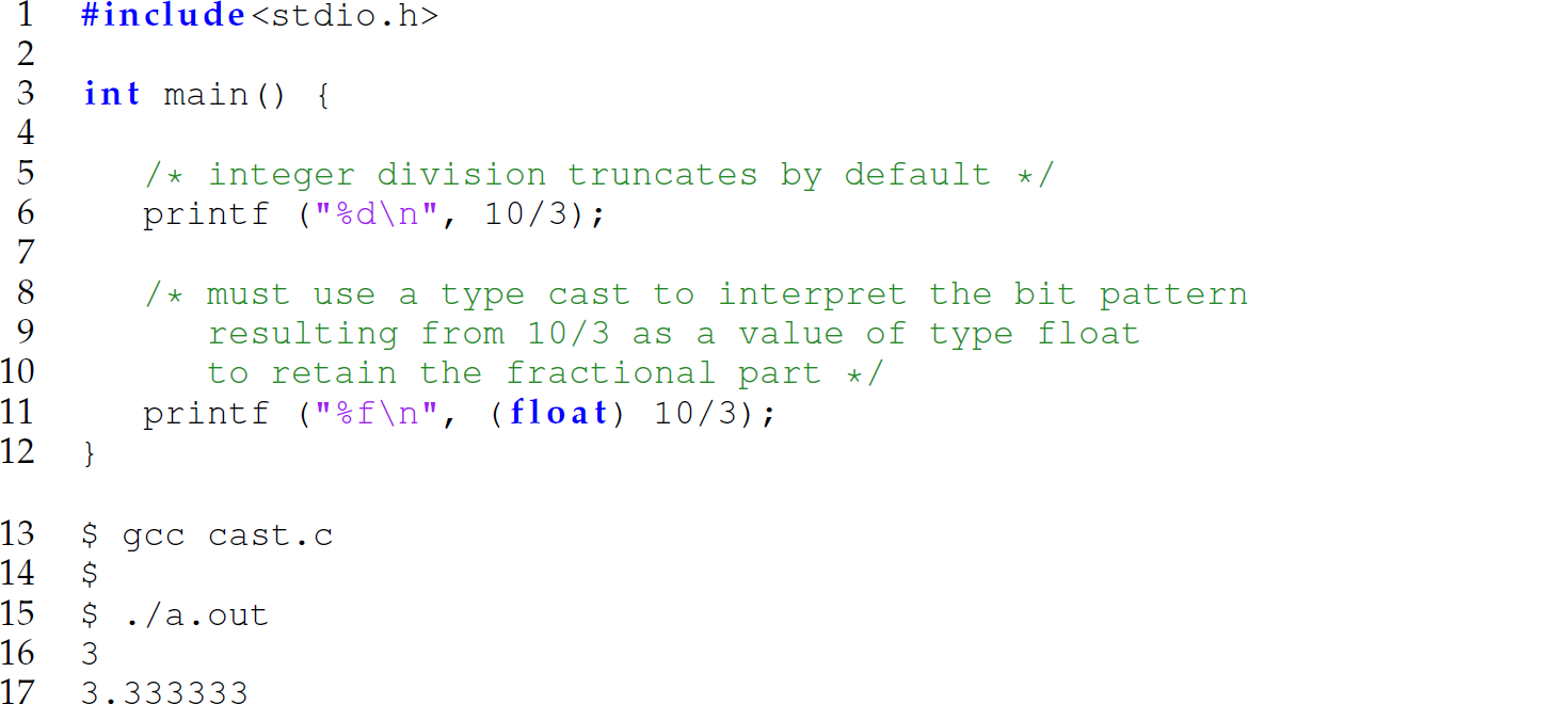 A set of 17 code lines in C for casting the fractional part of a result to a float-point number.