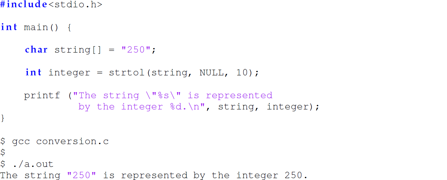 A set of 10 code lines in C for invoking the function s t r t o l.