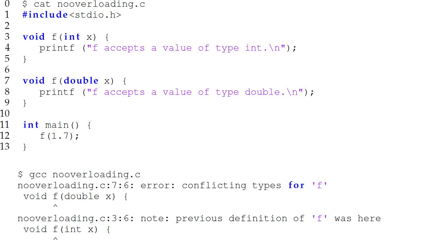 A set of 13 code lines in C with error message about overloading.