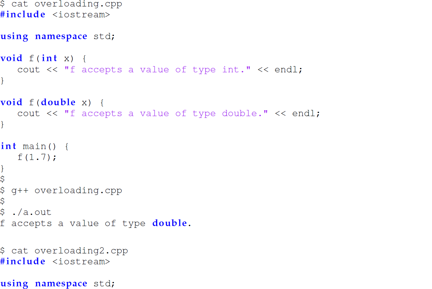 A set of code lines in C plus plus and Java demonstrating function overloading.