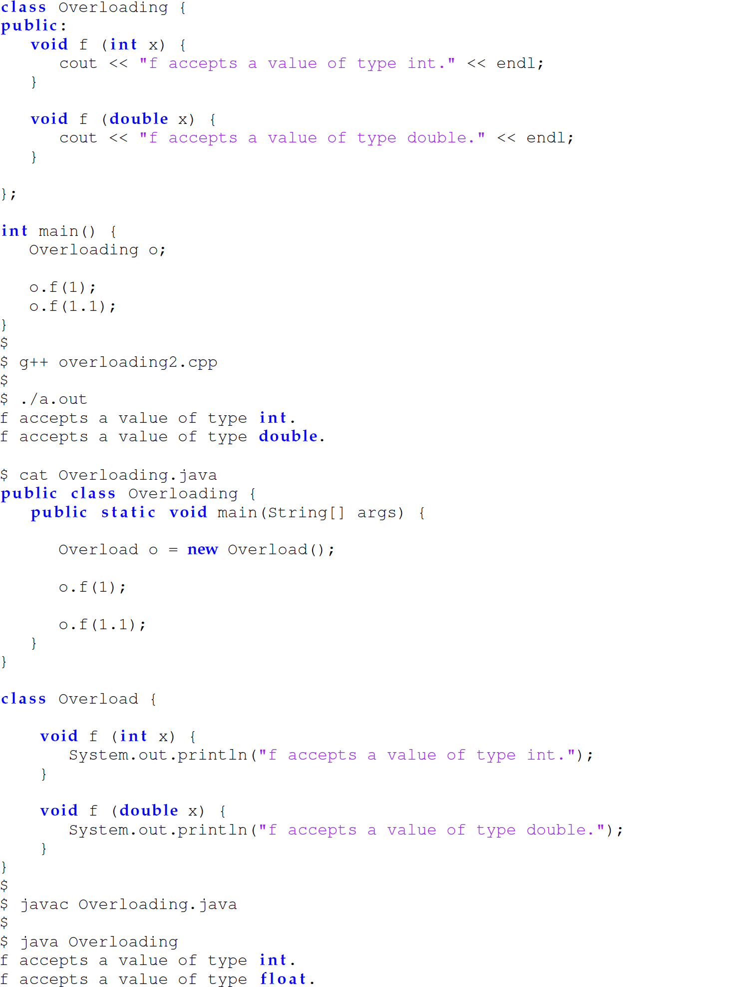 Continuation of code lines in C plus plus and Java that demonstrates function overloading.