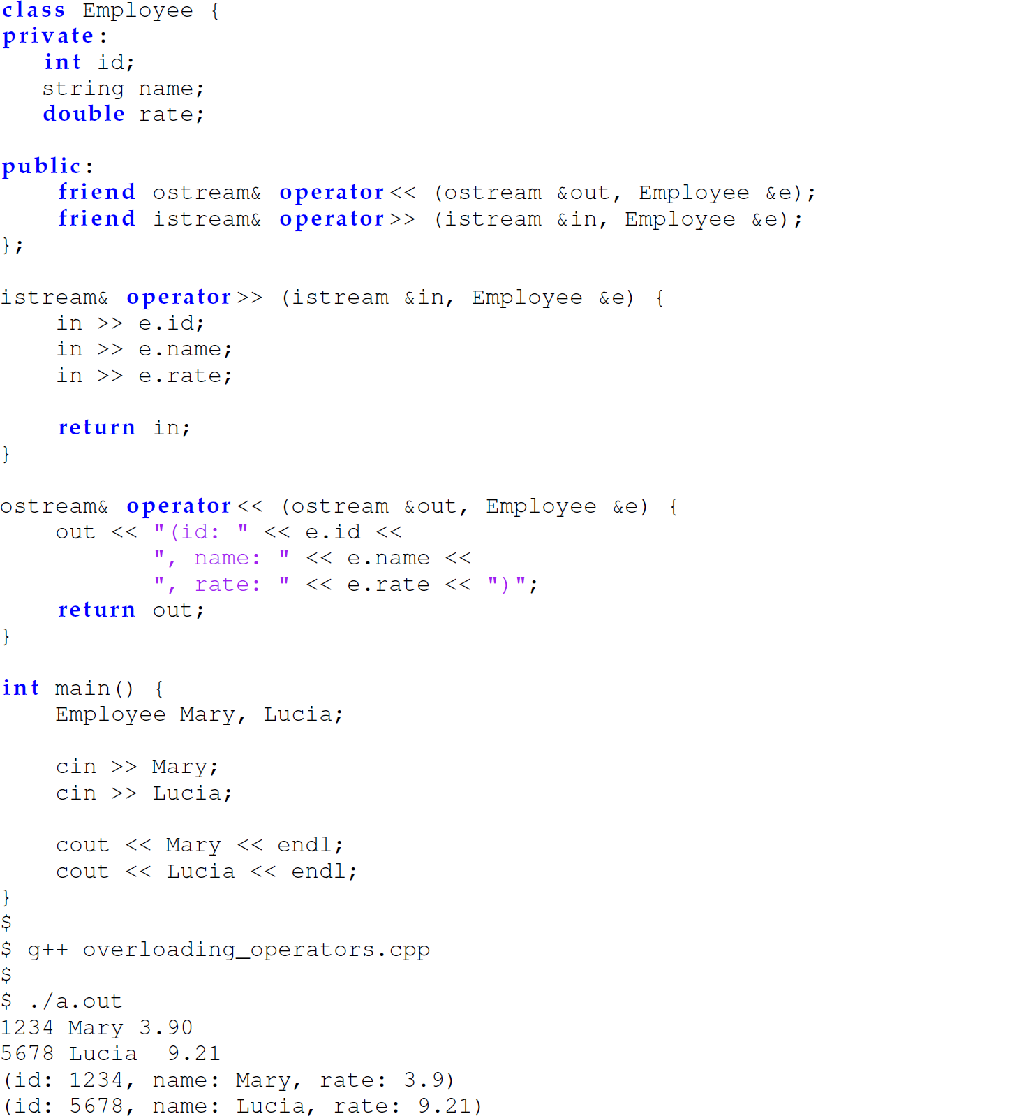 Continuation of the code in C plus plus with overloaded operators, followed by a message.