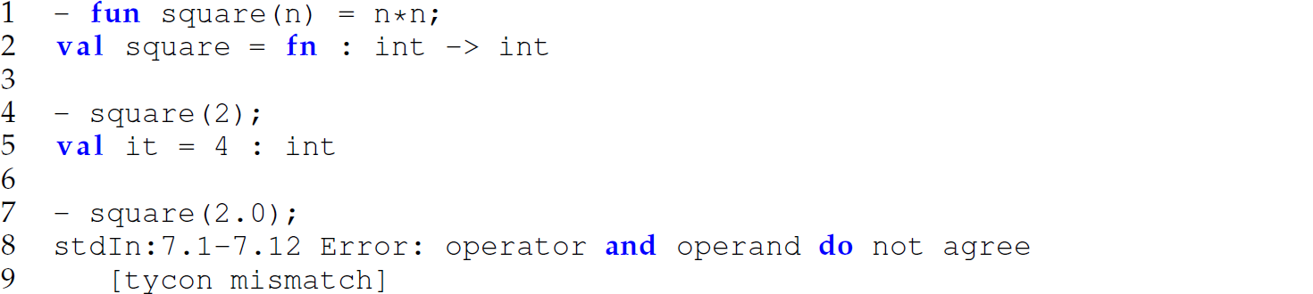 A set of nine code lines in M L with a square function that cannot be defined to accept any numeric value.