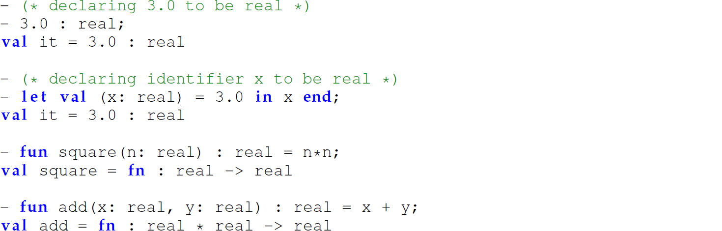 A set of 10 code lines in M L consisting of explicit declarations.