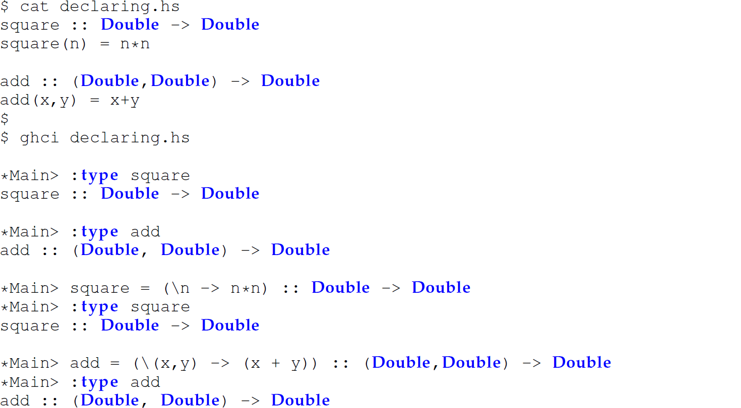 A set of 17 code lines in Haskell for explicitly declaring the type of both a non-anonymous and an anonymous function.