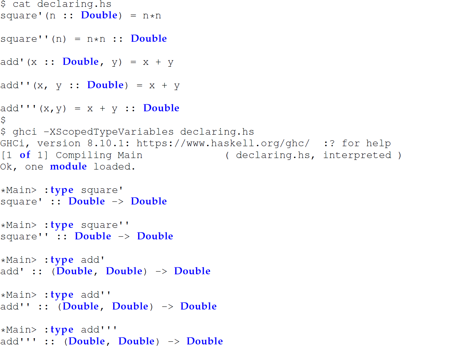 A set of 21 code lines in Haskell for determining the types of entities in the same expression.