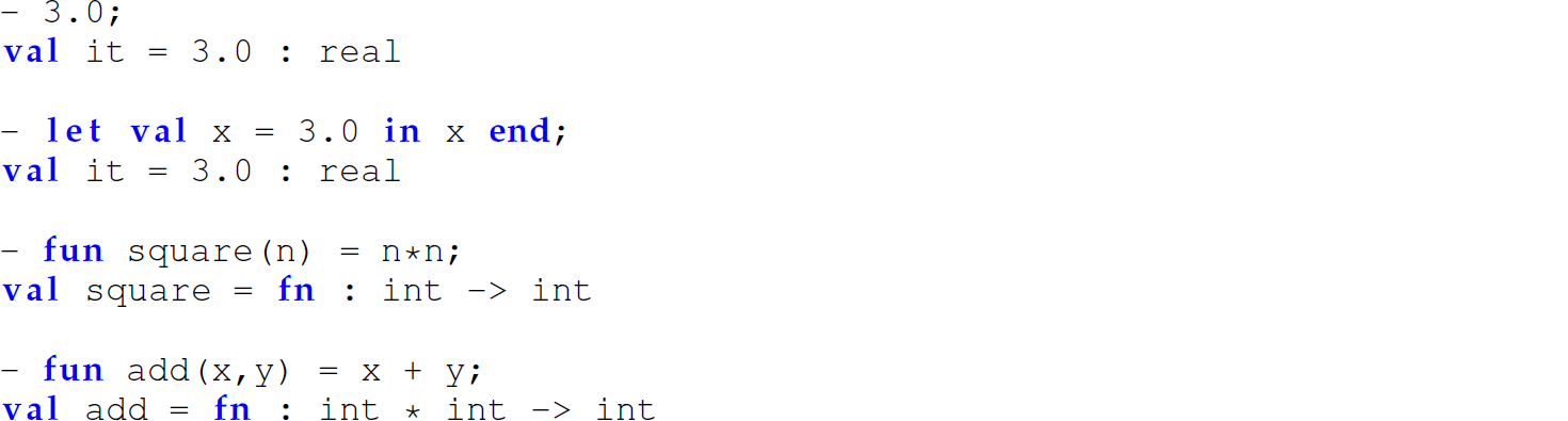 A set of eight code lines in M L in which the inferred type is never the same as the declared type.