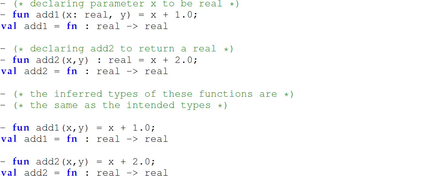 A set of 12 code lines in M L in which the inferred type is the same as the intended type.