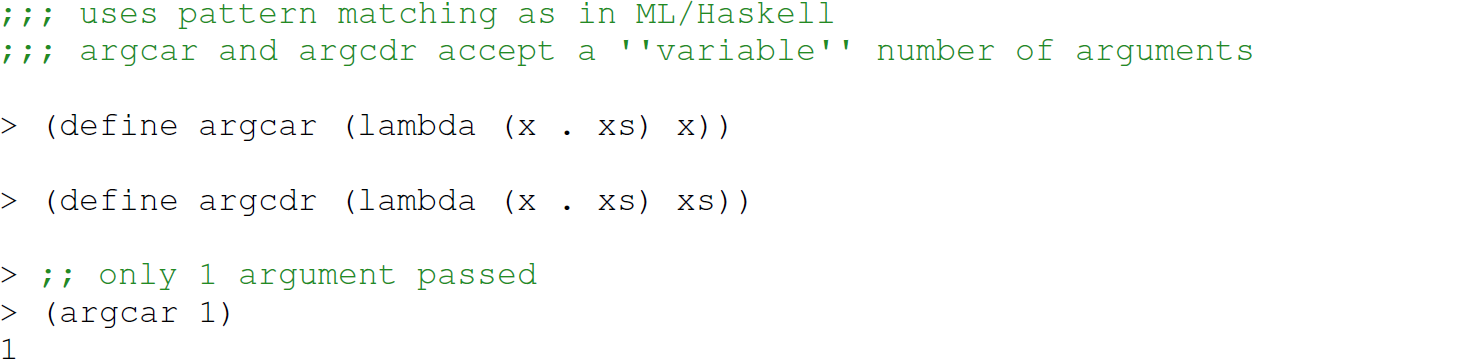 A set of seven code lines in a Scheme programmer with definition of a r g c a r and a r g c d r.