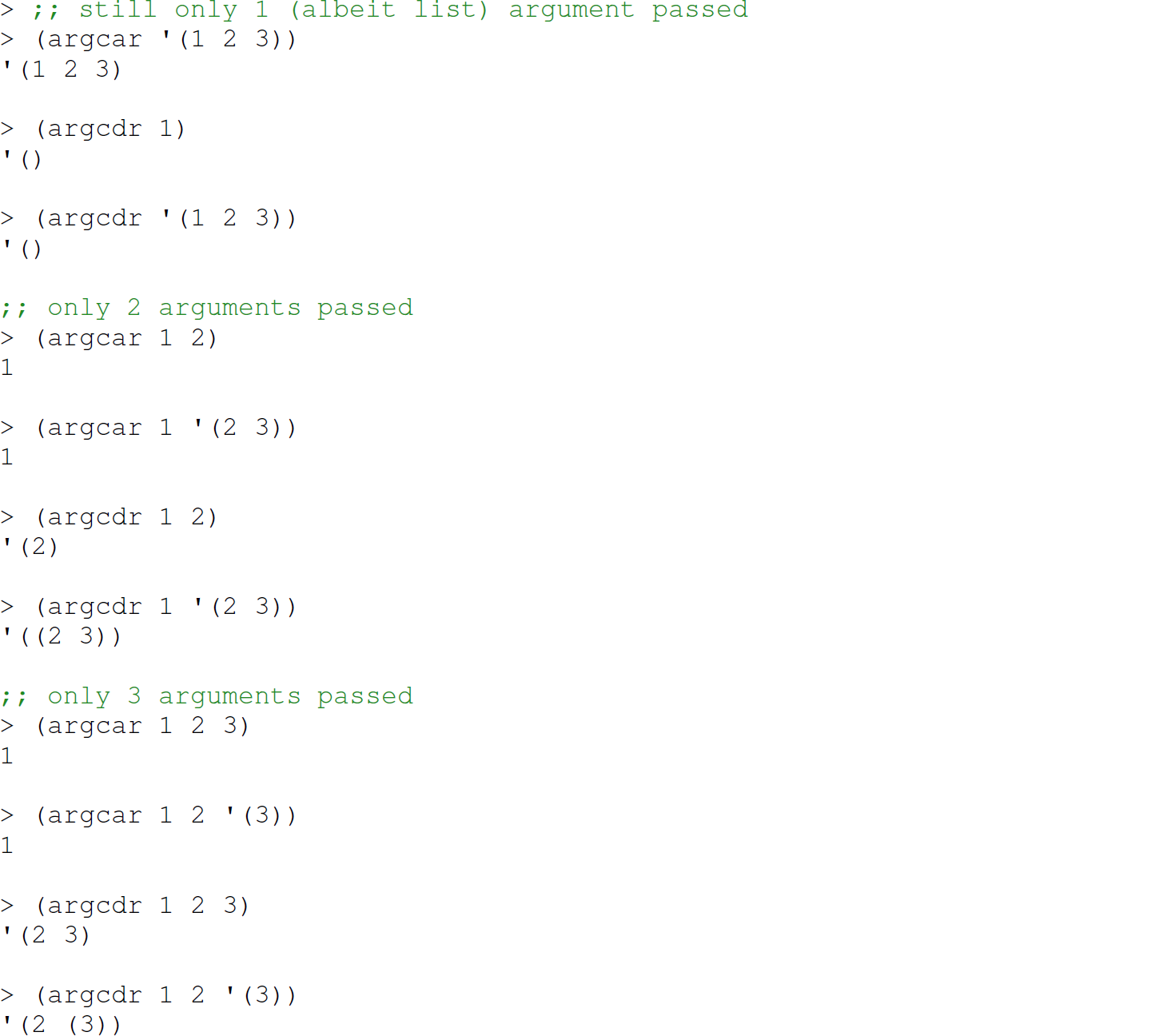 Continuation of the code in a Scheme programmer with definition of a r g c a r and a r g c d r, consisting of 25 lines.