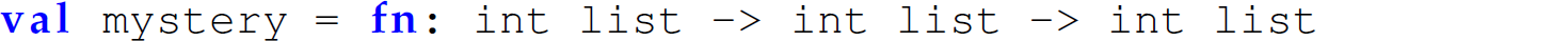 A function reads as follows. v a l mystery equals f n, colon i n t list minus greater than i n t list minus greater than i n t list.