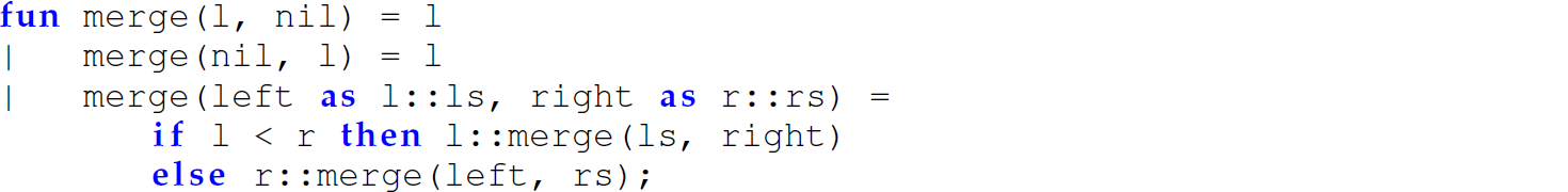 A set of five code lines in M L with the definition of a merge function.