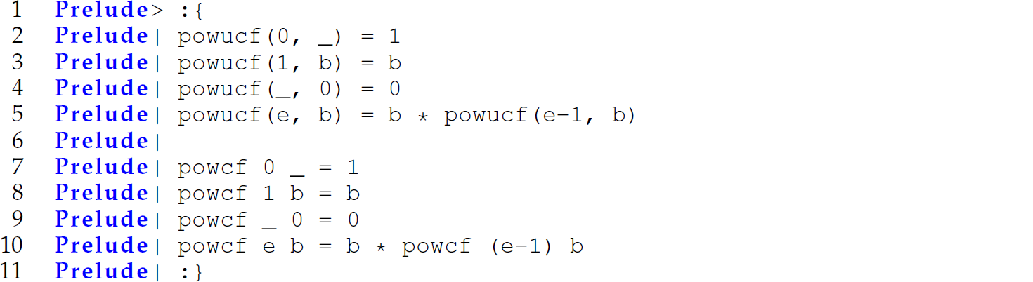 A set of 11 code lines in Haskell with two definitions of a power function.