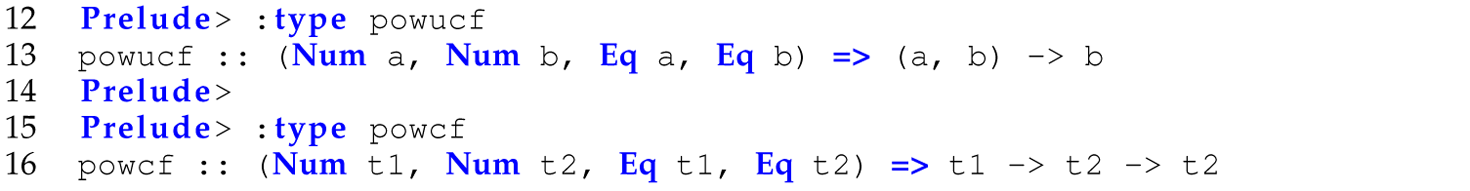 A set of five code lines in Haskell with the definition of the function p o w c f.