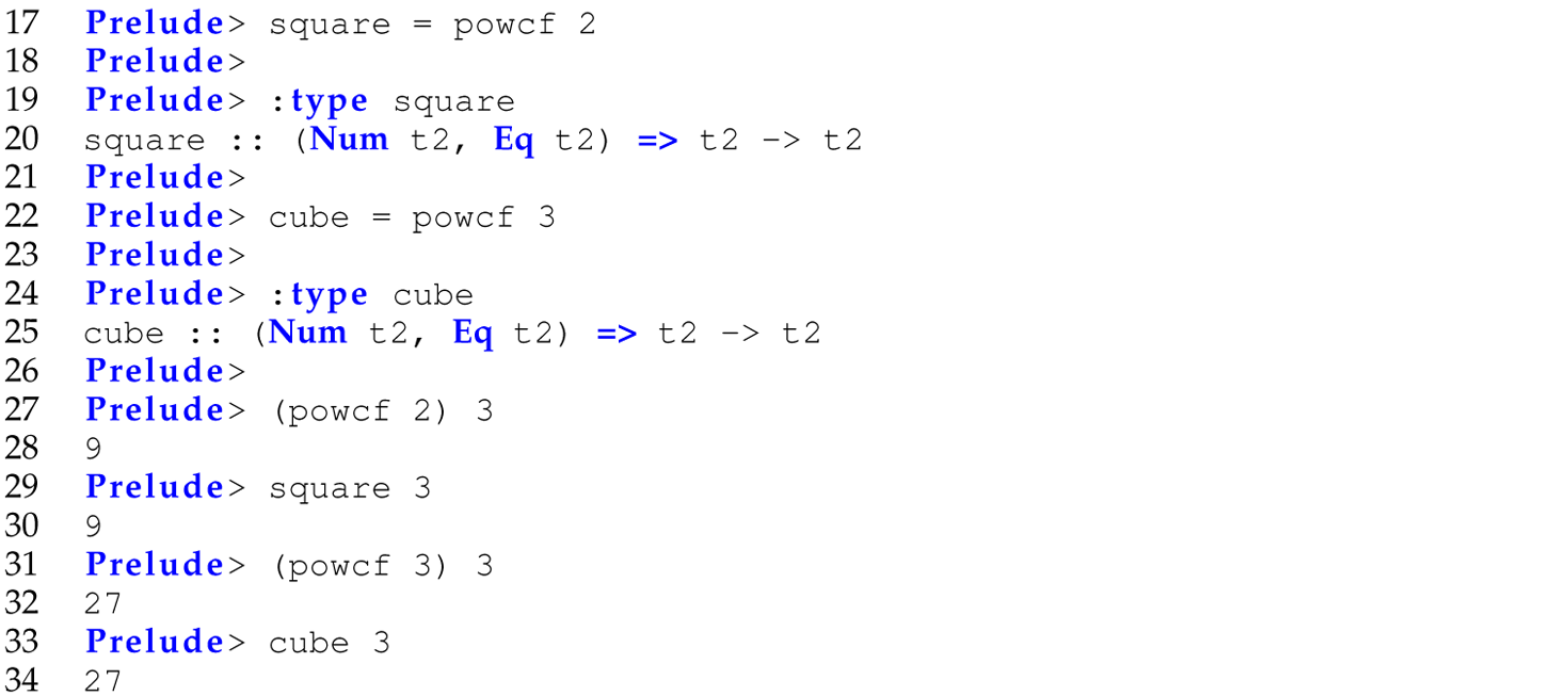 A set of 18 code lines in Haskell with the definition of the function p o w c f written in curried form.