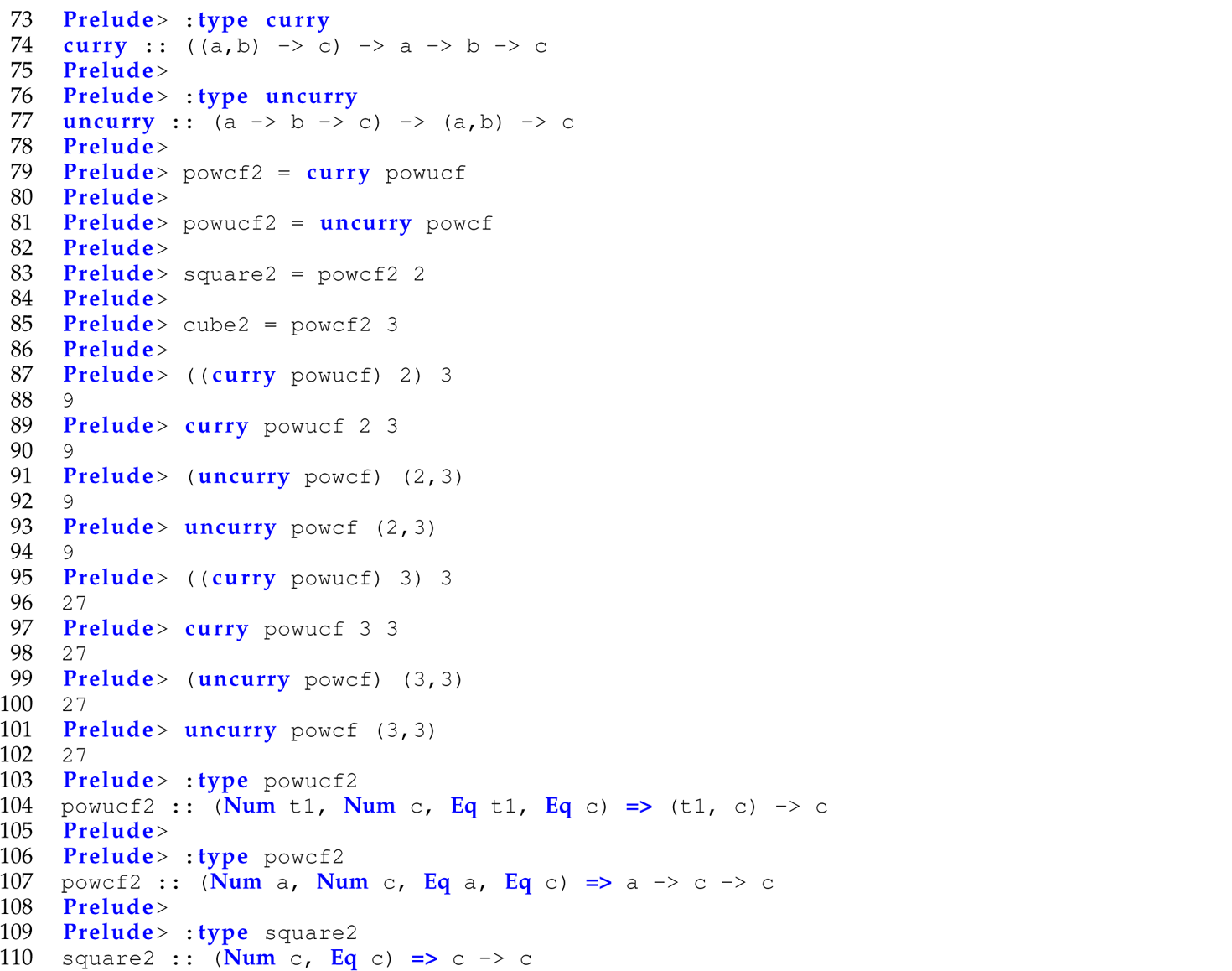 A set of 38 code lines in Haskell with the functions curry and uncurry.