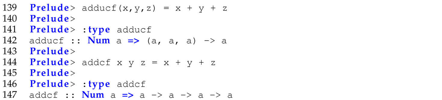 A set of nine code lines in Haskell with the definitions of ternary addition function in uncurried and curried forms.