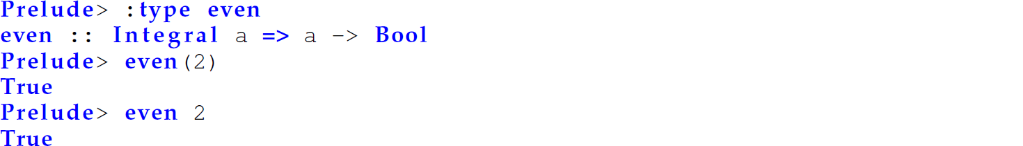 A set of six code lines in Haskell with built-in functions that accept only one argument.