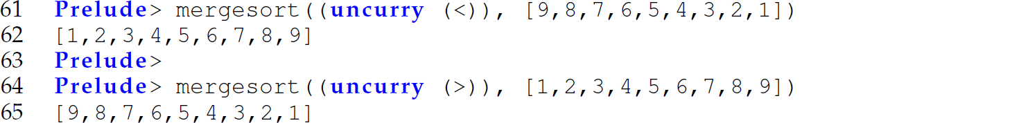 A set of five code lines with the functions merge sort and uncurry.