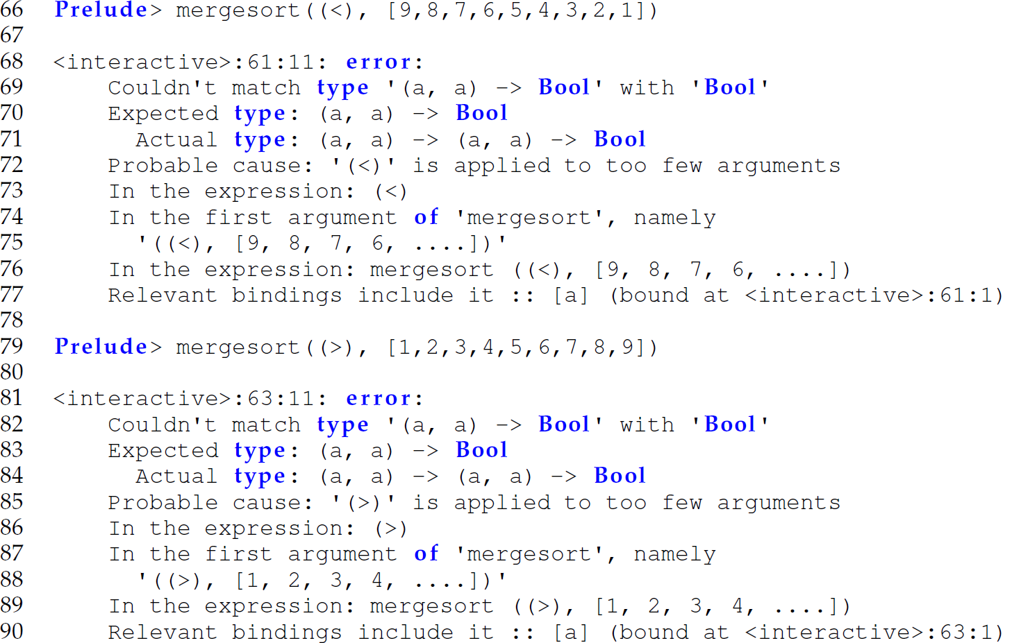 A set of 25 code lines in Haskell with a type error.