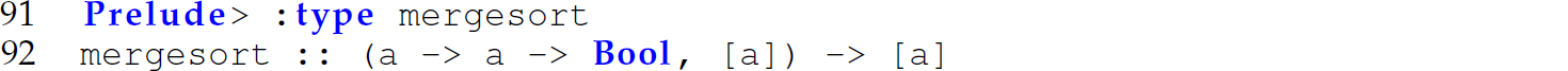 A set of two code lines in Haskell with the version of merge sort to accept one of the built-in curried Haskell comparison operators.