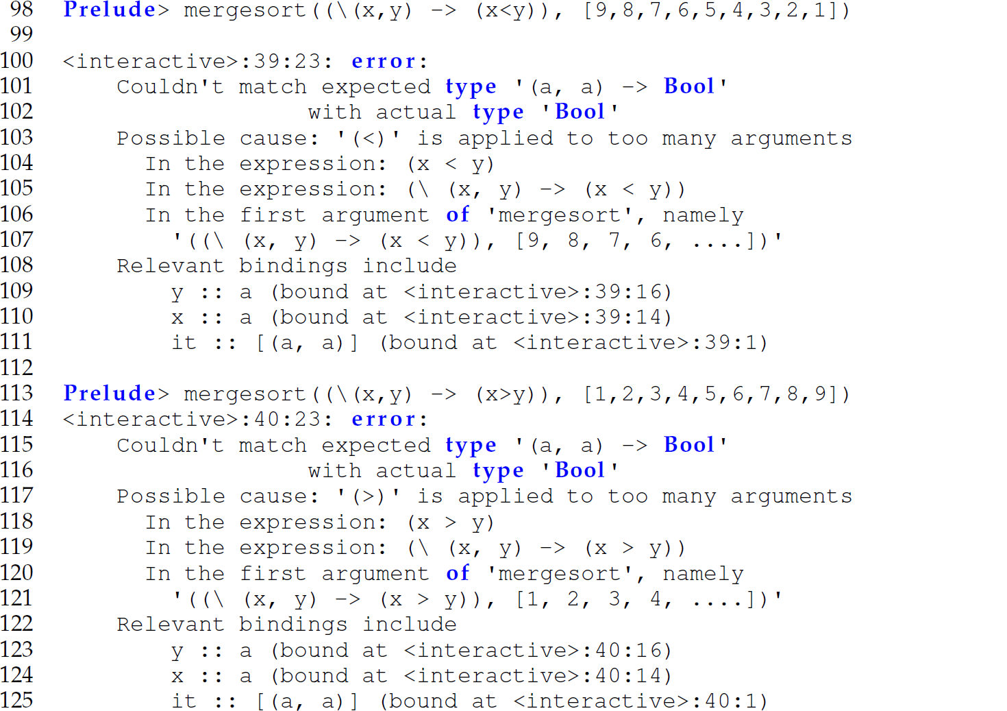 A set of 28 code lines in Haskell with the function merge sort and error messages.