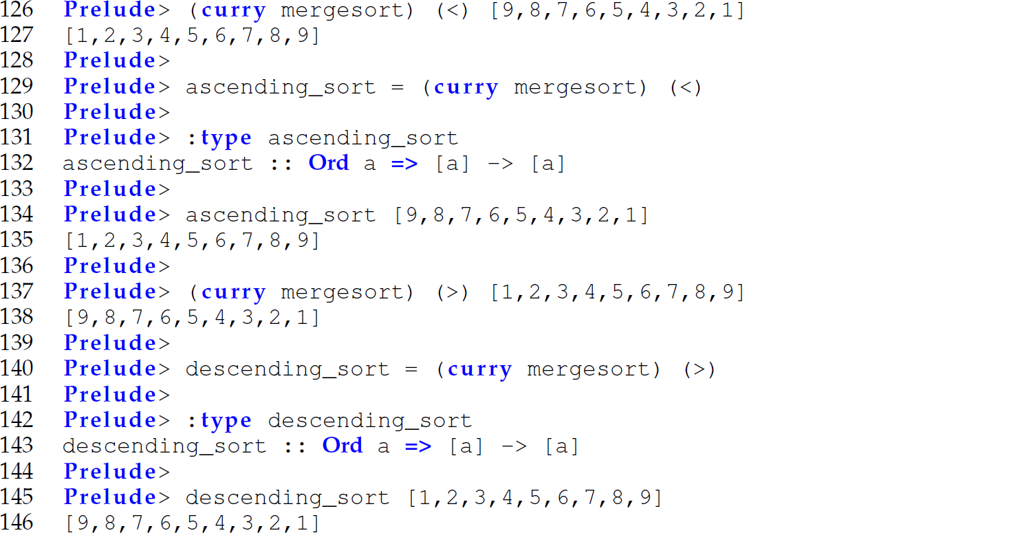 A set of 21 code lines in Haskell with the function merge sort curried.