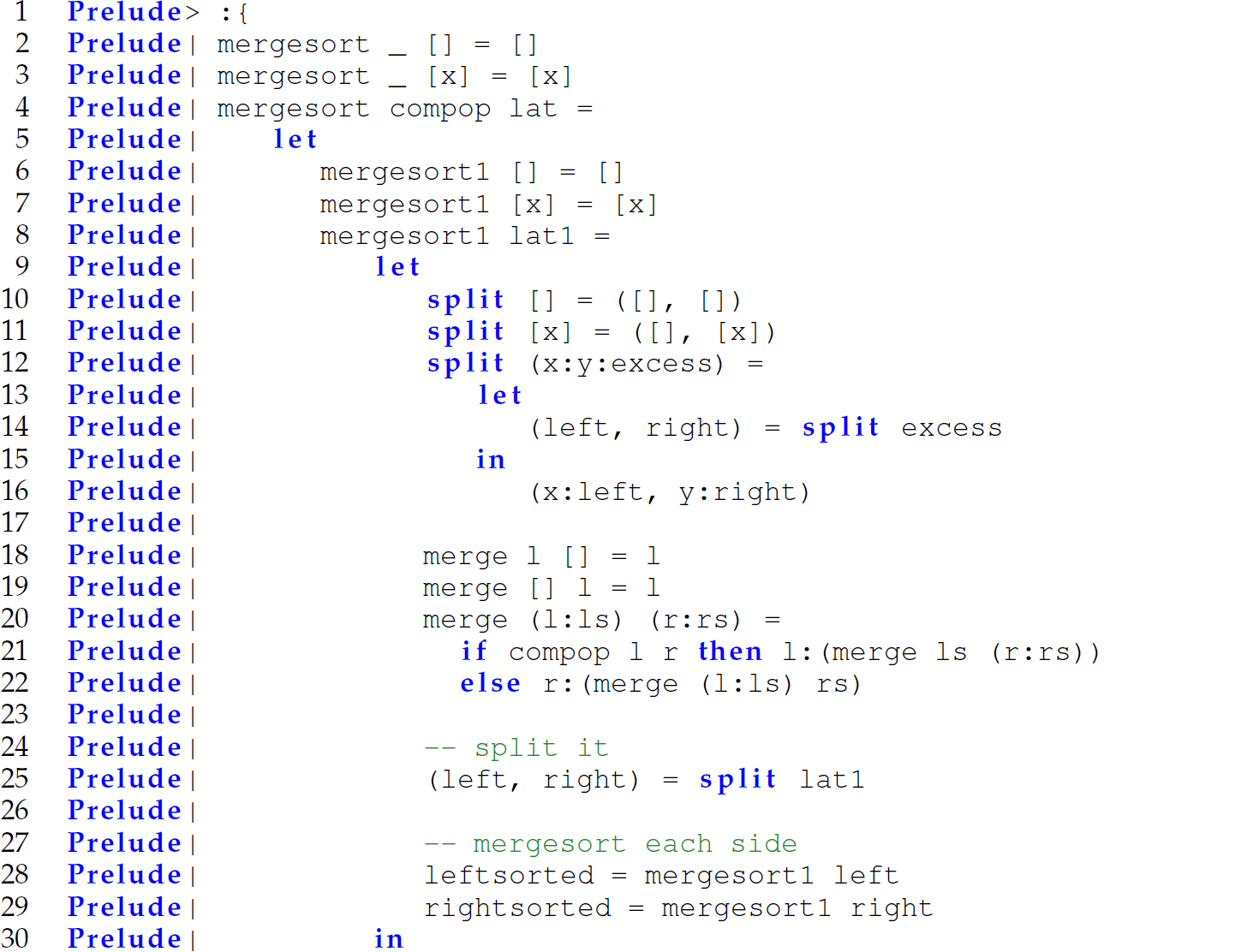 A set of 30 code lines in Haskell with the fully curried version of the function merge sort.