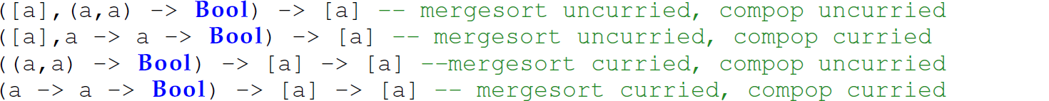 A list of four expressions for the different types of the function merge sort.