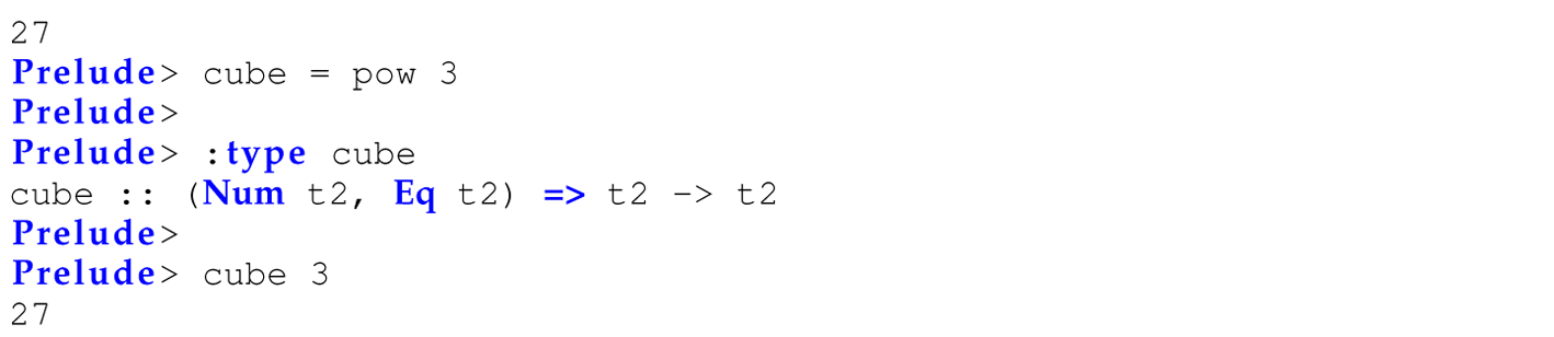 Continuation of the code in Haskell with a function defined in a curried form consisting of eight lines.