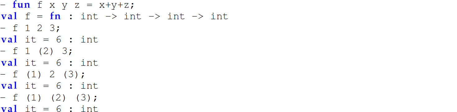 A set of 10 code lines in M L with parentheses placed around any individual argument.