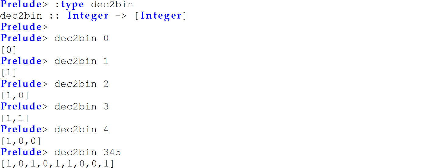 A set of 15 code lines in Haskell that defines the function d e c 2 bin.