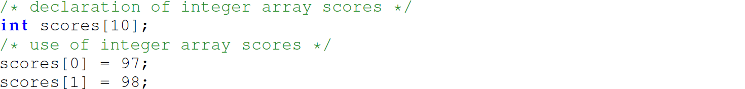 A set of five code lines with for an array.