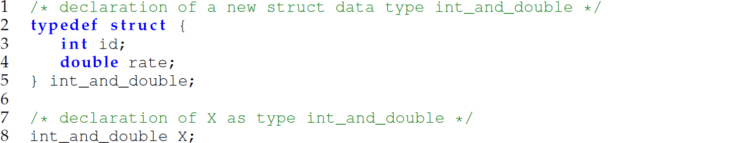 A set of eight code lines for assigning a name to a literal data type.