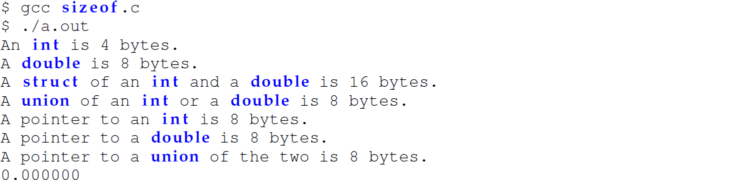 Continuation of the code in C that uses the function size of, consisting of 10 lines.