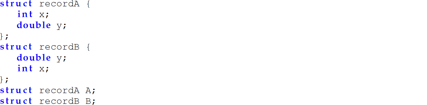 A set of nine code lines in C with two s t r u c ts and variable declarations.